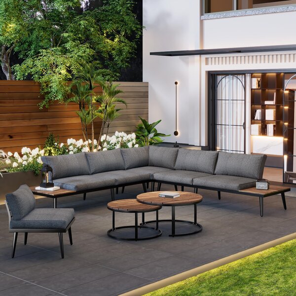 Modular Garden Sofa Set with Washable Zip-Off Cushion Covers, Versatile Garden Lounge Set for Patio, 160L × 64W × 75H cm, Gray Aosom UK