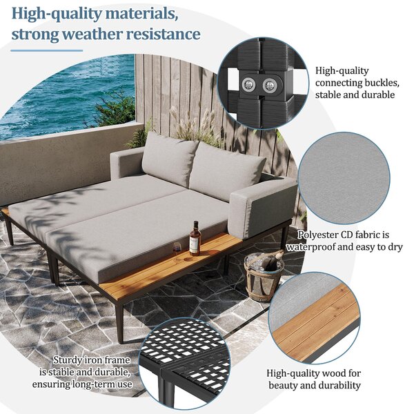 Modular Outdoor Double Chaise Lounge with Sturdy Iron Frame, Stylish Garden Sun Lounger for Patio & Poolside, 150L x 140W x 55H cm, Gray Aosom UK
