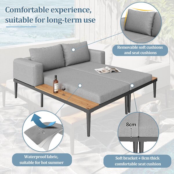 Modular Outdoor Double Chaise Lounge with Sturdy Iron Frame, Stylish Garden Sun Lounger for Patio & Poolside, 150L x 140W x 55H cm, Gray Aosom UK