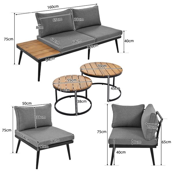 Modular Garden Sofa Set with Washable Zip-Off Cushion Covers, Versatile Garden Lounge Set for Patio, 160L × 64W × 75H cm, Gray Aosom UK