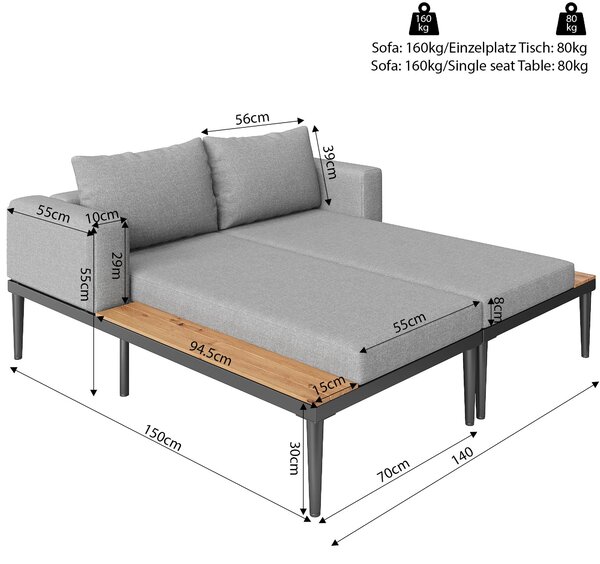 Modular Outdoor Double Chaise Lounge with Sturdy Iron Frame, Stylish Garden Sun Lounger for Patio & Poolside, 150L x 140W x 55H cm, Gray Aosom UK