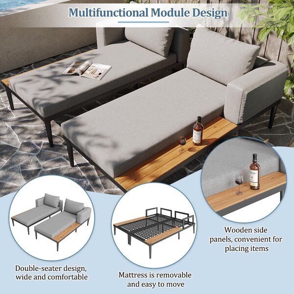 Modular Outdoor Double Chaise Lounge with Sturdy Iron Frame, Stylish Garden Sun Lounger for Patio & Poolside, 150L x 140W x 55H cm, Gray Aosom UK