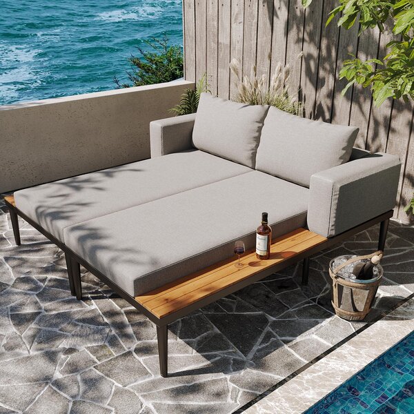Modular Outdoor Double Chaise Lounge with Sturdy Iron Frame, Stylish Garden Sun Lounger for Patio & Poolside, 150L x 140W x 55H cm, Gray Aosom UK