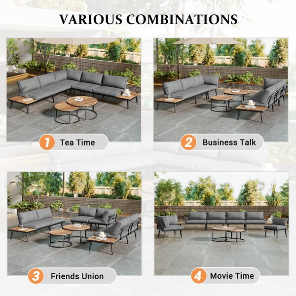 Modular Garden Sofa Set with Washable Zip-Off Cushion Covers, Versatile Garden Lounge Set for Patio, 160L × 64W × 75H cm, Gray Aosom UK