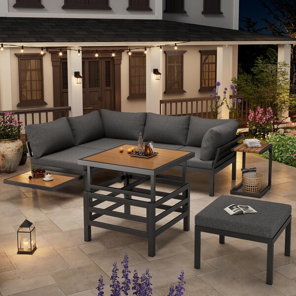 4-5 Seater Outdoor Furniture Set with Extendable Lift-Top Coffee Table, Versatile Outdoor Sofa Set for Patio, 224L x 56W x 65H cm, Gray Aosom UK