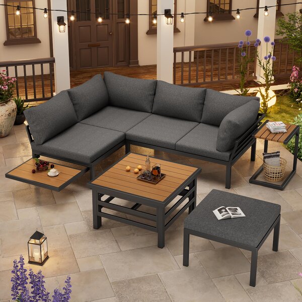 4-5 Seater Outdoor Furniture Set with Extendable Lift-Top Coffee Table, Versatile Outdoor Sofa Set for Patio, 224L x 56W x 65H cm, Gray Aosom UK