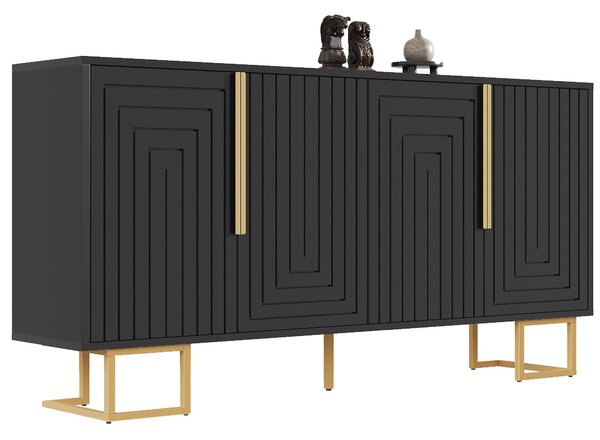 Stylish Sideboard with 2 Doors, 4 Shelves and Geometric Door Design, Durable Cabinet with Slim Metal Feet, 152L x 40W x 75H cm, Black Aosom UK