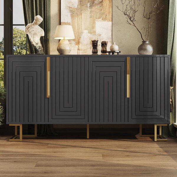 Stylish Sideboard with 2 Doors, 4 Shelves and Geometric Door Design, Durable Cabinet with Slim Metal Feet, 152L x 40W x 75H cm, Black Aosom UK