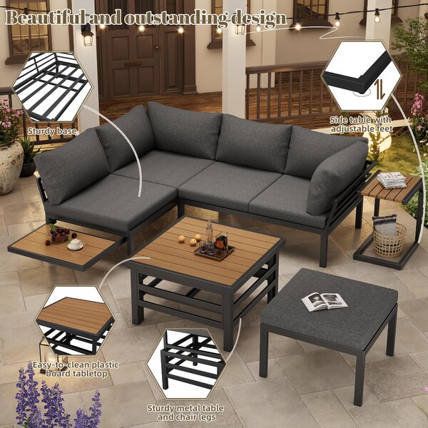4-5 Seater Outdoor Furniture Set with Extendable Lift-Top Coffee Table, Versatile Outdoor Sofa Set for Patio, 224L x 56W x 65H cm, Gray Aosom UK