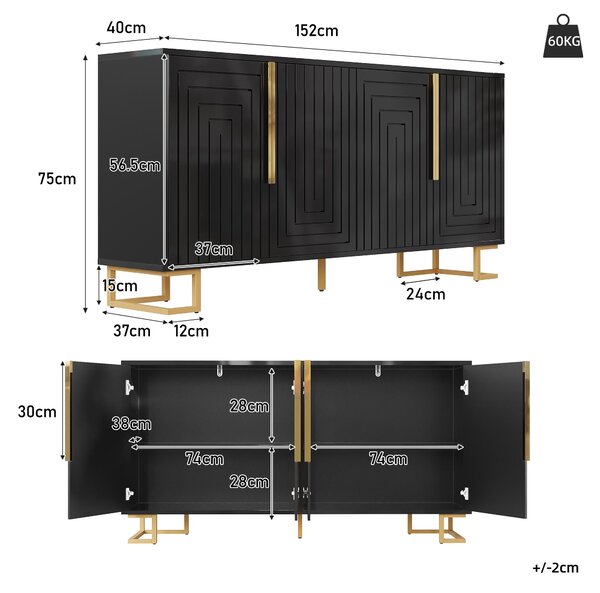 Stylish Sideboard with 2 Doors, 4 Shelves and Geometric Door Design, Durable Cabinet with Slim Metal Feet, 152L x 40W x 75H cm, Black Aosom UK