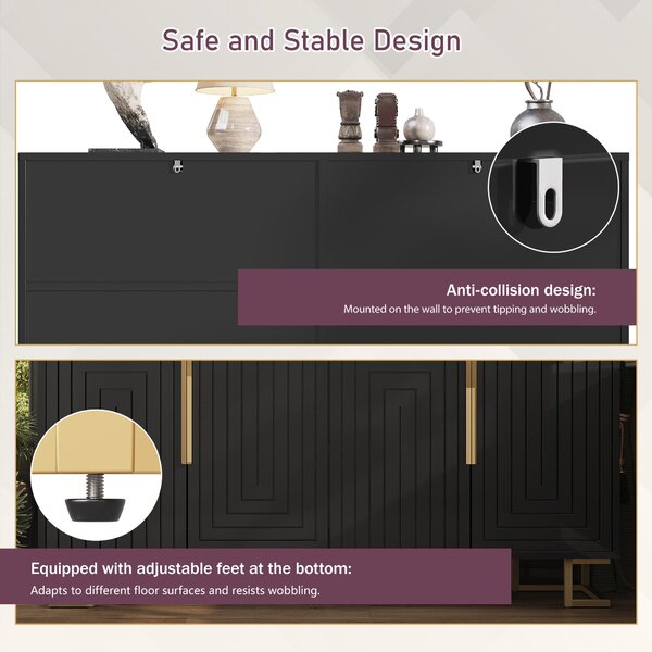 Stylish Sideboard with 2 Doors, 4 Shelves and Geometric Door Design, Durable Cabinet with Slim Metal Feet, 152L x 40W x 75H cm, Black Aosom UK