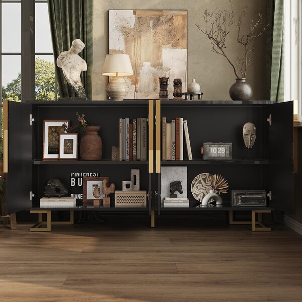 Stylish Sideboard with 2 Doors, 4 Shelves and Geometric Door Design, Durable Cabinet with Slim Metal Feet, 152L x 40W x 75H cm, Black Aosom UK