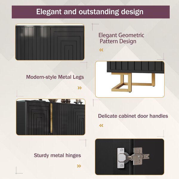 Stylish Sideboard with 2 Doors, 4 Shelves and Geometric Door Design, Durable Cabinet with Slim Metal Feet, 152L x 40W x 75H cm, Black Aosom UK