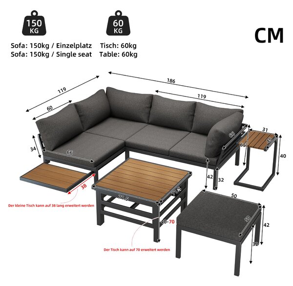 4-5 Seater Outdoor Furniture Set with Extendable Lift-Top Coffee Table, Versatile Outdoor Sofa Set for Patio, 224L x 56W x 65H cm, Gray Aosom UK