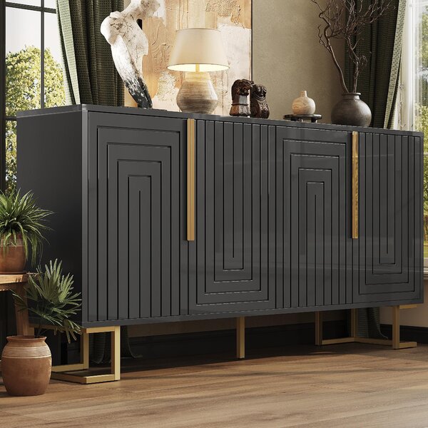 Stylish Sideboard with 2 Doors, 4 Shelves and Geometric Door Design, Durable Cabinet with Slim Metal Feet, 152L x 40W x 75H cm, Black Aosom UK