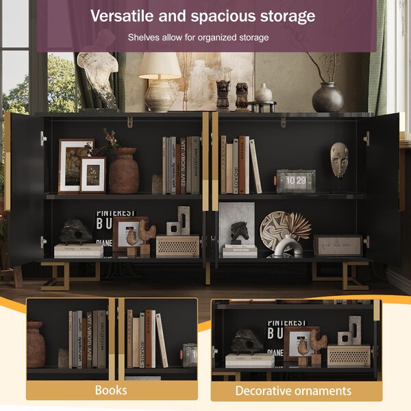 Stylish Sideboard with 2 Doors, 4 Shelves and Geometric Door Design, Durable Cabinet with Slim Metal Feet, 152L x 40W x 75H cm, Black Aosom UK