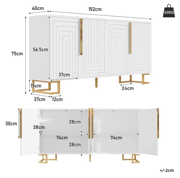 Stylish Sideboard with 2 Doors, 4 Shelves and Geometric Door Design, Durable Cabinet with Slim Metal Feet, 152L x 40W x 75H cm, White Aosom UK