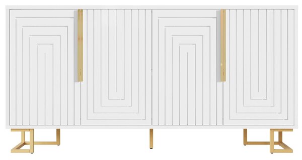 Stylish Sideboard with 2 Doors, 4 Shelves and Geometric Door Design, Durable Cabinet with Slim Metal Feet, 152L x 40W x 75H cm, White Aosom UK