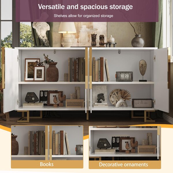 Stylish Sideboard with 2 Doors, 4 Shelves and Geometric Door Design, Durable Cabinet with Slim Metal Feet, 152L x 40W x 75H cm, White Aosom UK