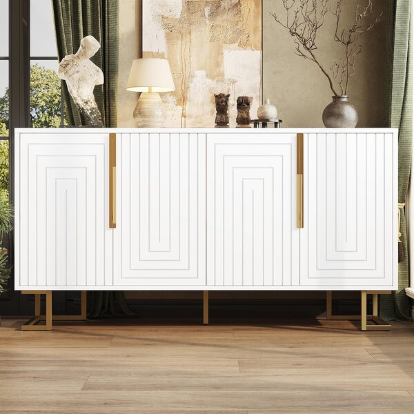 Stylish Sideboard with 2 Doors, 4 Shelves and Geometric Door Design, Durable Cabinet with Slim Metal Feet, 152L x 40W x 75H cm, White Aosom UK