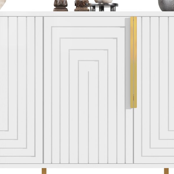 Stylish Sideboard with 2 Doors, 4 Shelves and Geometric Door Design, Durable Cabinet with Slim Metal Feet, 152L x 40W x 75H cm, White Aosom UK