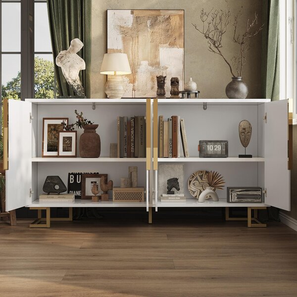 Stylish Sideboard with 2 Doors, 4 Shelves and Geometric Door Design, Durable Cabinet with Slim Metal Feet, 152L x 40W x 75H cm, White Aosom UK