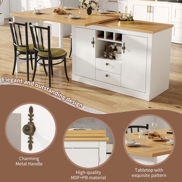 Extendable Bar Table with Smart Pull-Out System, Multifunctional Sideboard with Adjustable Compartments, 120-180L x 40W x 76H cm, White Aosom UK