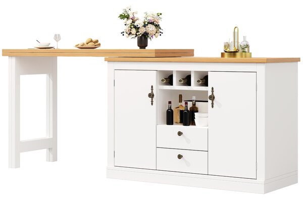 Extendable Bar Table with Smart Pull-Out System, Multifunctional Sideboard with Adjustable Compartments, 120-180L x 40W x 76H cm, White Aosom UK