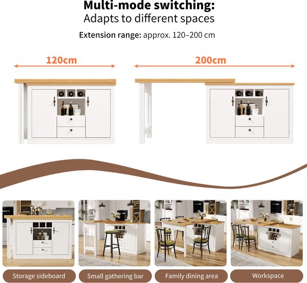 Extendable Bar Table with Smart Pull-Out System, Multifunctional Sideboard with Adjustable Compartments, 120-180L x 40W x 76H cm, White Aosom UK
