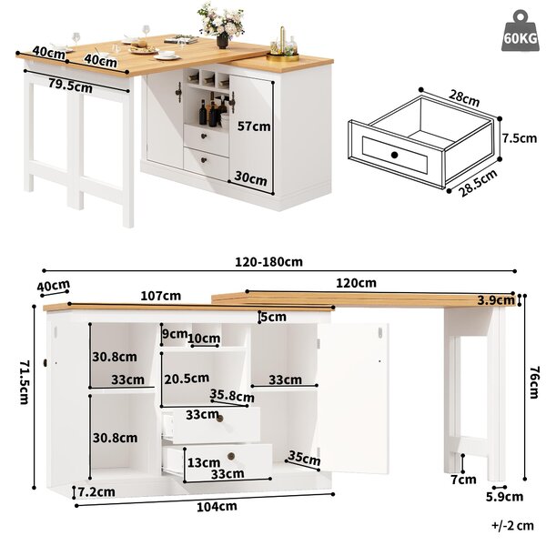 Extendable Bar Table with Smart Pull-Out System, Multifunctional Sideboard with Adjustable Compartments, 120-180L x 40W x 76H cm, White Aosom UK