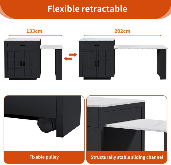 Extendable Bar Table with 2 Drawers and 4 Compartments, Expandable Kitchen Island for 2–6 People, 133-202L x 70W x 93.5H cm, Black Aosom UK