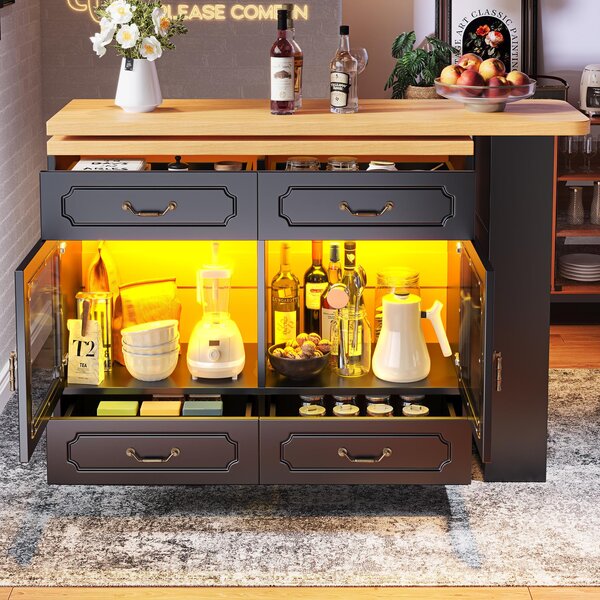 360° Rotating Bar Table with Rotatable Side and Spice Rack, Extendable Kitchen Island with 4 Drawers, 135-203L x 39W x 93H cm, Black Aosom UK