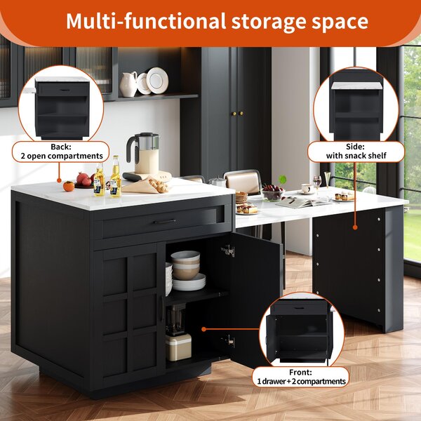 Extendable Bar Table with 2 Drawers and 4 Compartments, Expandable Kitchen Island for 2–6 People, 133-202L x 70W x 93.5H cm, Black Aosom UK