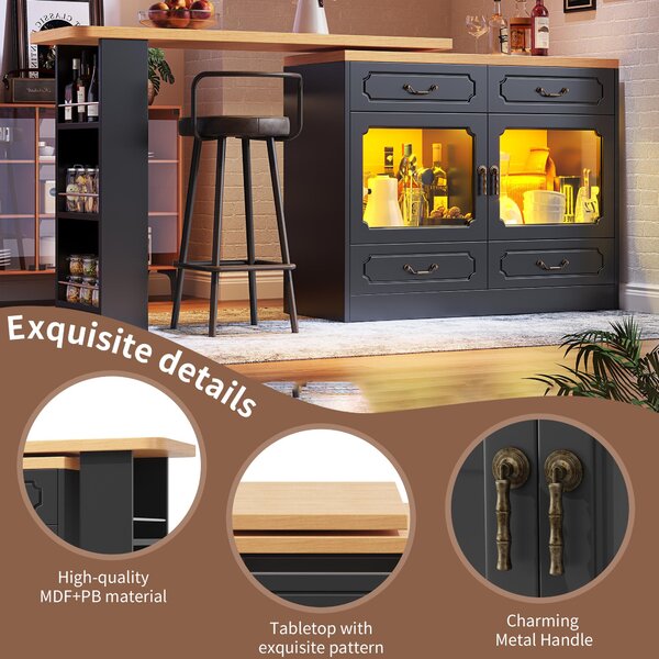 360° Rotating Bar Table with Rotatable Side and Spice Rack, Extendable Kitchen Island with 4 Drawers, 135-203L x 39W x 93H cm, Black Aosom UK