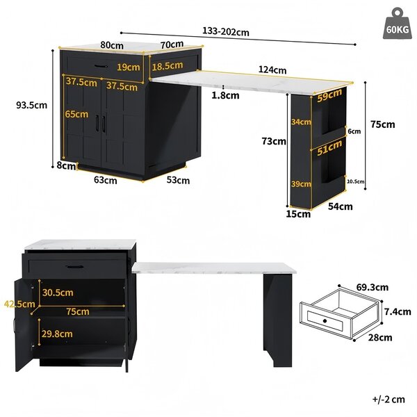 Extendable Bar Table with 2 Drawers and 4 Compartments, Expandable Kitchen Island for 2–6 People, 133-202L x 70W x 93.5H cm, Black Aosom UK