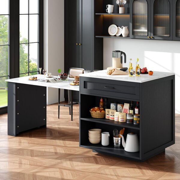 Extendable Bar Table with 2 Drawers and 4 Compartments, Expandable Kitchen Island for 2–6 People, 133-202L x 70W x 93.5H cm, Black Aosom UK