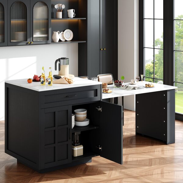 Extendable Bar Table with 2 Drawers and 4 Compartments, Expandable Kitchen Island for 2–6 People, 133-202L x 70W x 93.5H cm, Black Aosom UK