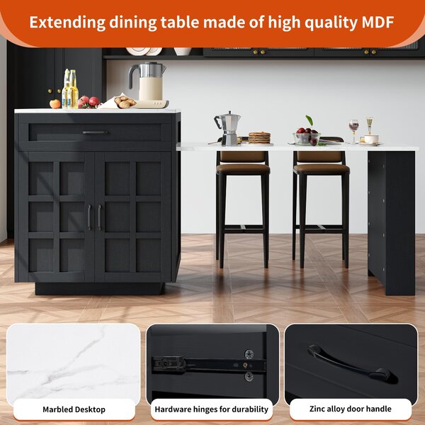 Extendable Bar Table with 2 Drawers and 4 Compartments, Expandable Kitchen Island for 2–6 People, 133-202L x 70W x 93.5H cm, Black Aosom UK