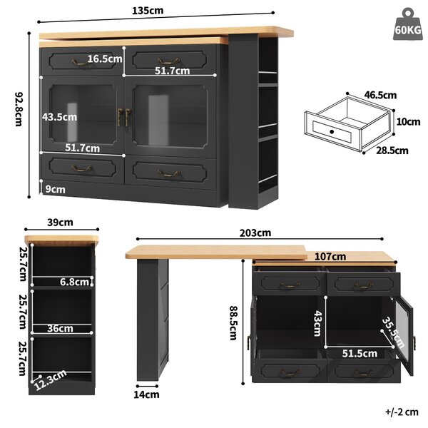 360° Rotating Bar Table with Rotatable Side and Spice Rack, Extendable Kitchen Island with 4 Drawers, 135-203L x 39W x 93H cm, Black Aosom UK