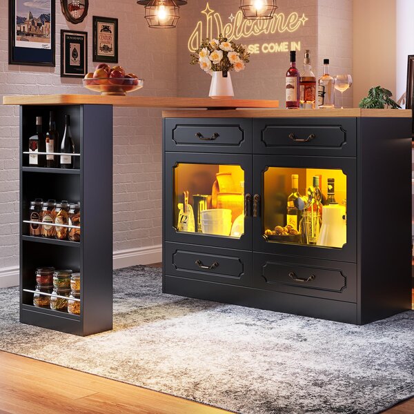 360° Rotating Bar Table with Rotatable Side and Spice Rack, Extendable Kitchen Island with 4 Drawers, 135-203L x 39W x 93H cm, Black Aosom UK