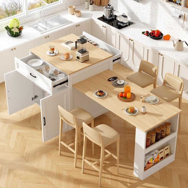 Extendable Bar Table with 2 Compartments and Side Spice Rack, Expandable Kitchen Island for 2–6 People, 133-202L x 70W x 93.5H cm, White Aosom UK