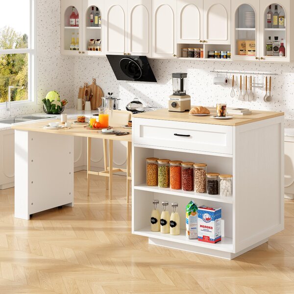 Extendable Bar Table with 2 Compartments and Side Spice Rack, Expandable Kitchen Island for 2–6 People, 133-202L x 70W x 93.5H cm, White Aosom UK