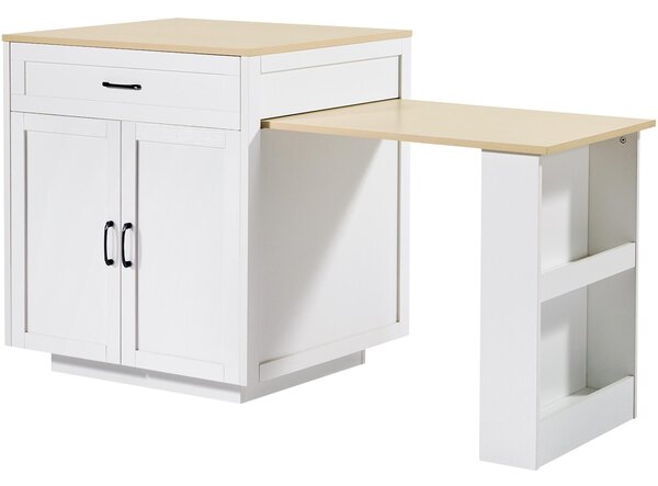 Extendable Bar Table with 2 Compartments and Side Spice Rack, Expandable Kitchen Island for 2–6 People, 133-202L x 70W x 93.5H cm, White Aosom UK