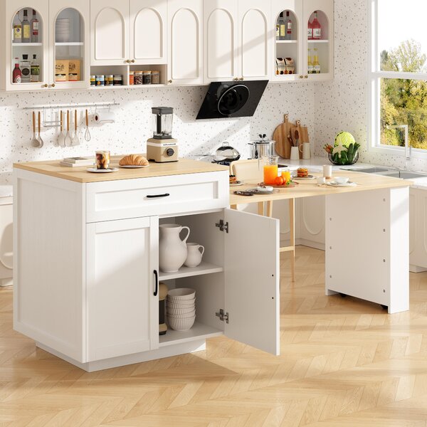 Extendable Bar Table with 2 Compartments and Side Spice Rack, Expandable Kitchen Island for 2–6 People, 133-202L x 70W x 93.5H cm, White Aosom UK
