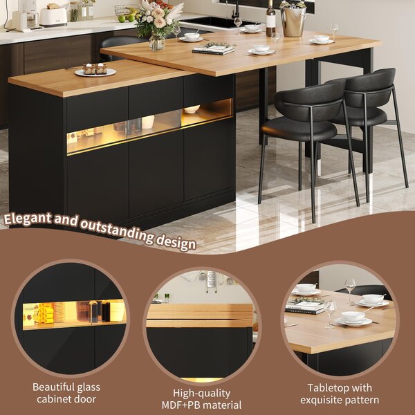 Extendable Bar Table with App-Controlled LED Lighting, Modern Kitchen Island with 360° Swivel Function, 120-180L x 40W x 71.5H cm, Black Aosom UK