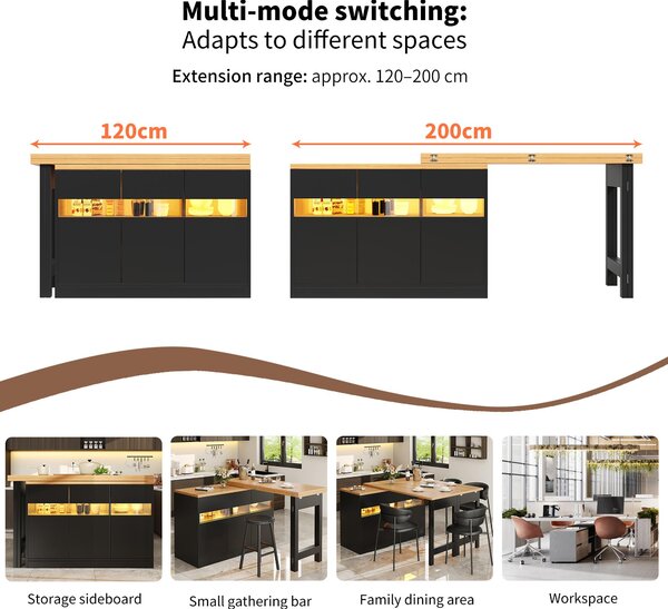 Extendable Bar Table with App-Controlled LED Lighting, Modern Kitchen Island with 360° Swivel Function, 120-180L x 40W x 71.5H cm, Black Aosom UK