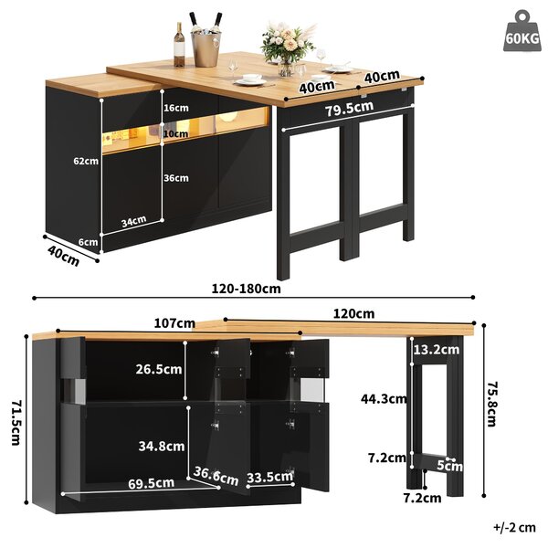 Extendable Bar Table with App-Controlled LED Lighting, Modern Kitchen Island with 360° Swivel Function, 120-180L x 40W x 71.5H cm, Black Aosom UK