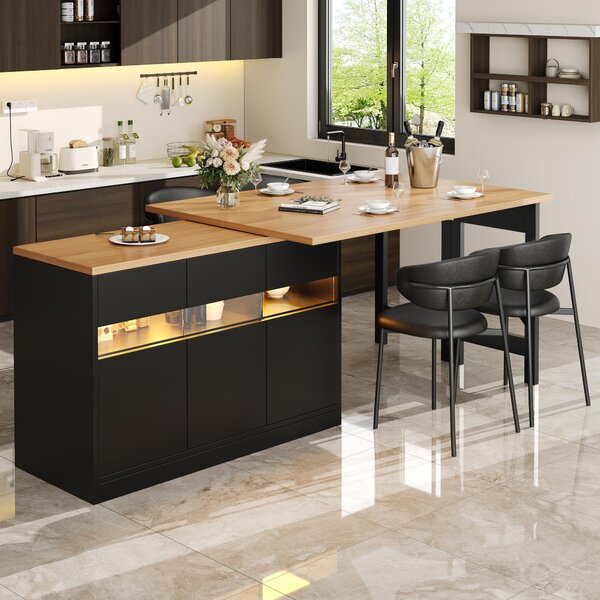 Extendable Bar Table with App-Controlled LED Lighting, Modern Kitchen Island with 360° Swivel Function, 120-180L x 40W x 71.5H cm, Black Aosom UK