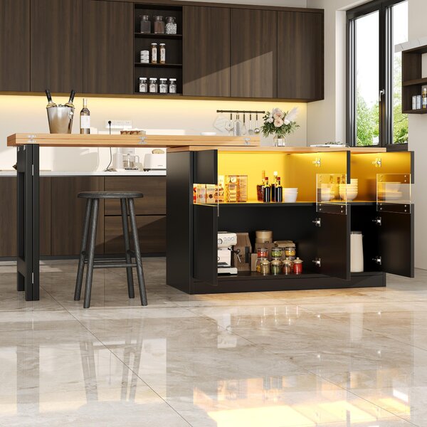 Extendable Bar Table with App-Controlled LED Lighting, Modern Kitchen Island with 360° Swivel Function, 120-180L x 40W x 71.5H cm, Black Aosom UK