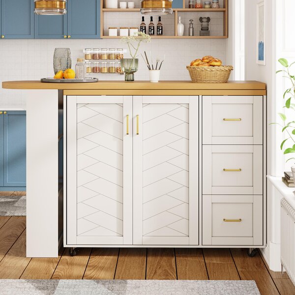 Multifunctional Kitchen Island for Dining & Living Areas, Extendable Bar Cart with 2 Doors & 3 Drawers, 135-228L x 39W x 104H cm, White Aosom UK